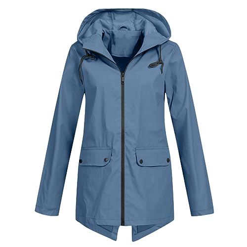 Regenmantel Damen Kapuzenjacke Leicht Softshelljacke Wasserdicht Grosse Groessen Allwetterjacke Sommer Fahrradjacke wasserdichte Elegant Windjacke Sportjacke Rain Jacket Blau,XXL von Generisch