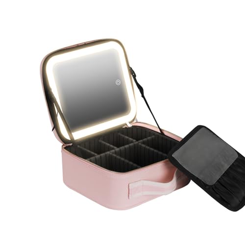 Reise-Make-up-Tasche, Kosmetiktasche mit LED-Spiegel, 3 Farbhelligkeiten, tragbarer Organizer, Trennwände, Aufbewahrungsbürsten, rose, 37*26*13cm von Generisch