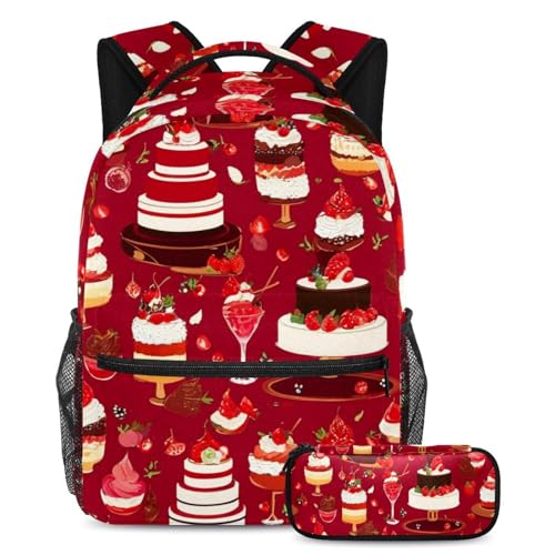 Reisen Sie stilvoll mit unserer Kombination aus Rucksack und Federmäppchen für Studenten, rotes Dessert-Muster, mehrfarbig, B：29.4x20x40cm P：19x7.5x3.8cm, Tagesrucksäcke von Generisch