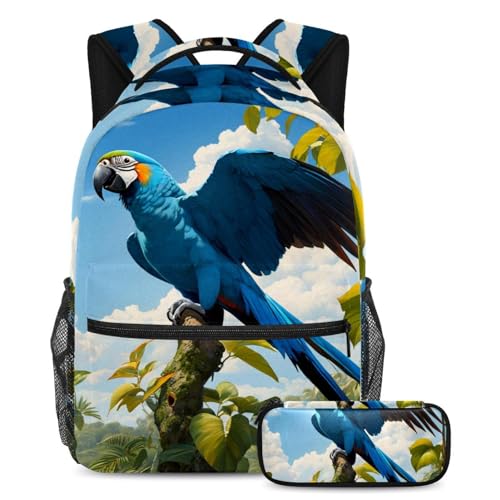 Rucksack mit Federmäppchen, 2-teiliges Schultaschen-Set für Jungen, Mädchen, Teenager, niedlicher Papagei, mehrfarbig, B：29.4x20x40cm P：19x7.5x3.8cm, Tagesrucksäcke von Generisch