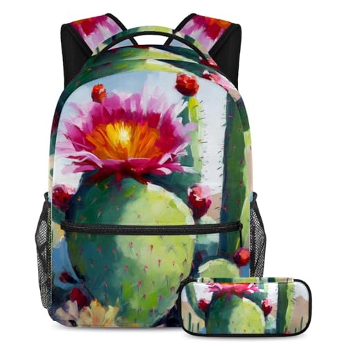Rucksack mit Federmäppchen, Schultaschen-Set für Jungen, Mädchen, Teenager, rosa Kaktusblumen, 2-teilig, mehrfarbig, B：29.4x20x40cm P：19x7.5x3.8cm, Tagesrucksäcke von Generisch