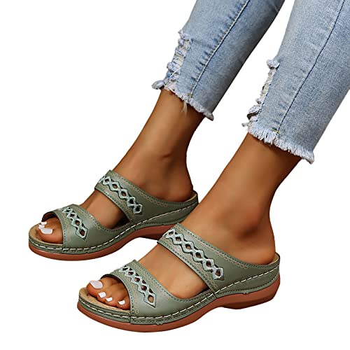Sandalen Damen Sommer,Orthopädische Pantoletten Damen Hausschuhe Damen Sommer Breite Füße Badesandalen Schlappen Leicht Sandalen Sommerschuhe mit Fussbett Weite Latschen Schuhe Leder Latschen Grün 39 von Generisch