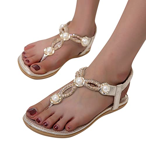 Sandaletten Damen Sommer Flache Boho Elegant Slingback Sandaletten Sommerschuhe Römer Mit Fussbett Coole Strass Zehentrenner Römer Sandalen Lässige Glitzer Offene Bequem Sandalen Flip Flops von Generisch