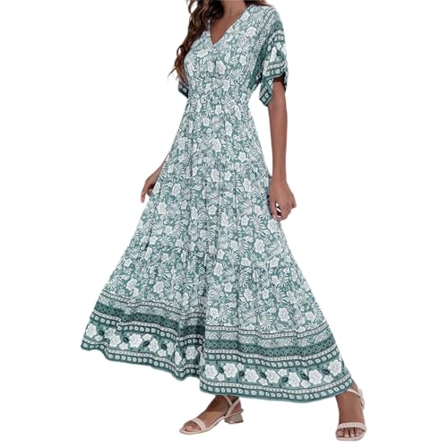 Sommerkleider Damen,Damen Kleider Freizeit Lose Sommerkleid Lang Boho Kurzarm V-Ausschnitt Maxikleid für Strandkleid Leicht Und Luftig Freizeitkleider Blumenkleid Abendkleid Cocktailkleid Grün XL von Generisch
