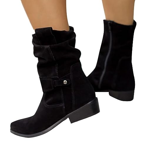 Stiefeletten Damen Elegant Wildleder Halbstiefel Spitz Schlupfschuhe Stiefel Mit Schnalle Kurzstiefel Winterstiefel Halbhohe bequemer Absatz Ankle Boots Halbhoch Westernstiefel Damenstiefel Schwarz 41 von Generisch