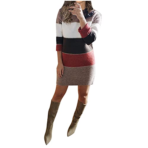 Strickkleid Damen Winter Langarm Rollkragen Minikleid Herbst Winter Elegant Kleider Strick Winterkleid Stretch Sweater Dress Geripptes Slim-Fit Bleistiftkleid Einfarbig Strickkleid von Generisch