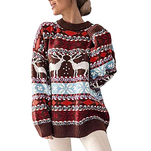 Strickpullover Damen, Norweger Pullover Damen Lustig Weihnachtspullover Langarm Strickpullover Warme Christmas Sweater Slim Fit Weihnachtspulli Elegant Gestreift Weihnachten Pullis, S von Generisch