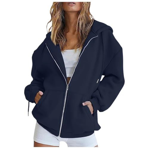 Sweatjacke Damen,Hoodie Damen Sweatjacke Kapuzenjacke Lang Sweatshirt Kapuzenpullover Mit Kapuze Langarm Reißverschluss Mantel Oversize Pullover Sport Style Zipper Oversize Sweatshirtjacke Dark Blue M von Generisch