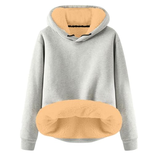 Teddy Pullover Damen,Hoodie Damen - Kapuzenpullover mit Tasche Teddy-Fleece Pullover Einfarbig Casual Langarm Sweatshirt Verdickt Warm Oberteil Fleecepullover für Herbst Winter Light Gray 5XL von Generisch