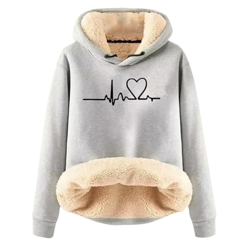 Teddy Pullover Damen,Hoodie Damen - Kapuzenpullover mit Tasche Teddy-Fleece Pullover Einfarbig Casual Langarm Sweatshirt Verdickt Warm Oberteil Fleecepullover für Herbst Winter Light Gray 5XL von Generisch