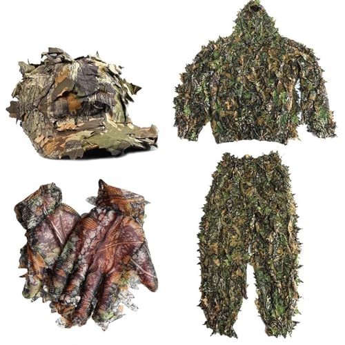 Yowie Sniper Ghillie-Anzug, 3D-Blatt, Dschungelmütze, Camouflage-Handschuhe, leicht, atmungsaktiv, Jagdkleidung für Vogelbeobachtung von Generisch