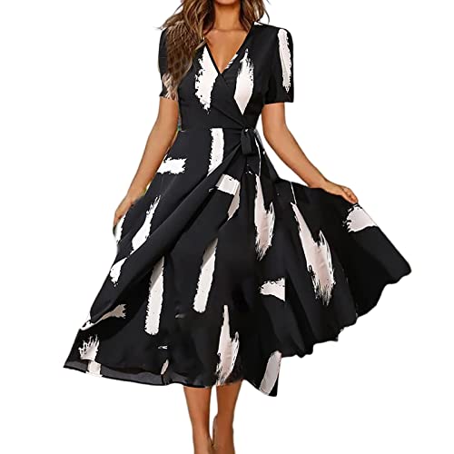 damen kleider kurz,Damen Kleider Freizeit Lose Sommerkleid Lang Boho Kurzarm V-Ausschnitt Maxikleid für Strandkleid Leicht Und Luftig Freizeitkleider Blumenkleid Abendkleid Cocktailkleid Schwarz M von Generisch