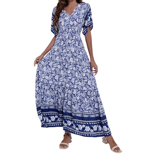 damen kleider sommer lang,Damen Kleider Freizeit Lose Sommerkleid Lang Boho Kurzarm V-Ausschnitt Maxikleid für Strandkleid Leicht Und Luftig Freizeitkleider Blumenkleid Abendkleid Cocktailkleid Blau M von Generisch