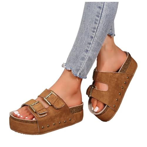 sandalen für einlagen damen, Pantoletten Sandalen Damen Mit Kork Fußbett Schlappen Sommer Verstellbaren Riemen Hausschuhe Sandalens Herren Rutschfest Latschen Bequeme Schuhe für Sandaletten Braun 42 von Generisch