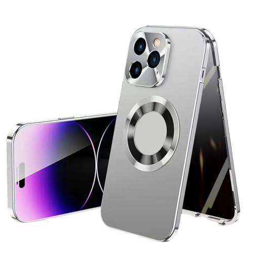 Georcep Anti-Peep Double-Sided Glass Magnetic Metal Frame Phone Case for iPhone, 360 Degree Full Coverage Phone Case for iPhone 15/14/13/12/11ProMax (for iPhone15 pro Max,B-Silver) von Georcep