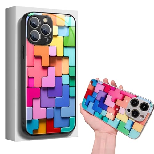 Georcep Flat 3D Square Pattern Glass Case Cover Compatible with iPhone, Cool Colorful Rectangle Phone Case for iPhone 11 12 13 14 15 Pro Max (for iPhone14 Plus,A-Black) von Georcep