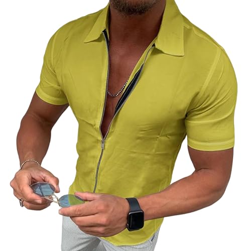 GerRit Herren Hemd Herren -reißverschluss Kurzarm -Hemd Schlanker Fit Feste Farbanlage -Strickjacke Mode Tops-gelb-XL von GerRit