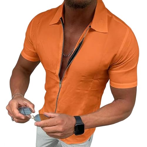 GerRit Herren Hemd Herren -reißverschluss Kurzarm -Hemd Schlanker Fit Feste Farbanlage -Strickjacke Mode Tops-orange-XXL von GerRit