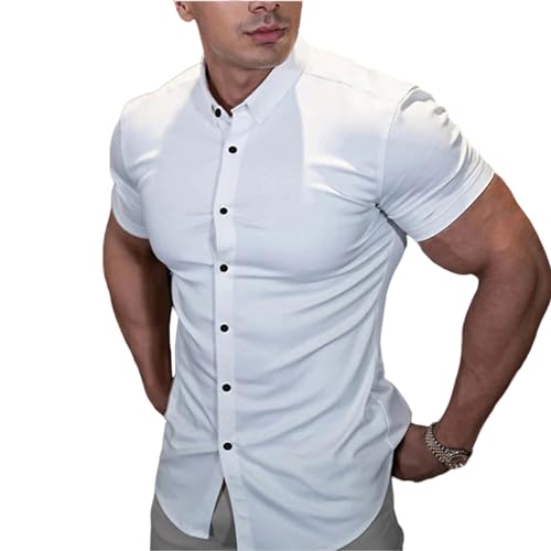 GerRit Herren Hemd Sommer Mode Super Slim Fit Kurzarm Hemden Männer Klassische Casual Kleid Shirt-Weiss-l von GerRit