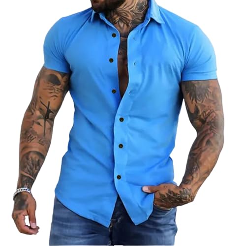 GerRit Herren Hemd Sommer Mode Super Slim Fit Kurzarm Hemden Männer Klassische Casual Kleid Shirt-blau-3xl von GerRit