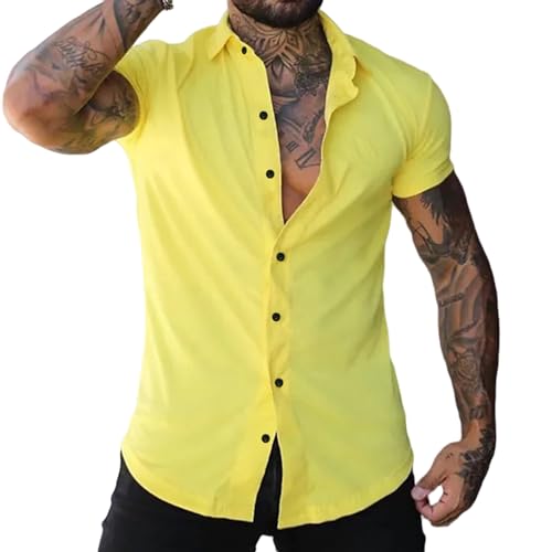 GerRit Herren Hemd Sommer Mode Super Slim Fit Kurzarm Hemden Männer Klassische Casual Kleid Shirt-gelb-s von GerRit