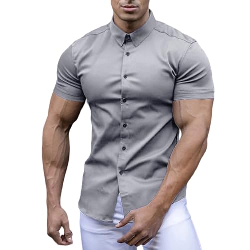 GerRit Herren Hemd Sommer Mode Super Slim Fit Kurzarm Hemden Männer Klassische Casual Kleid Shirt-grau-s von GerRit