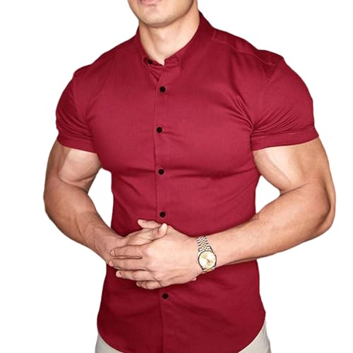 GerRit Herren Hemd Sommer Mode Super Slim Fit Kurzarm Hemden Männer Klassische Casual Kleid Shirt-rot-XXL von GerRit