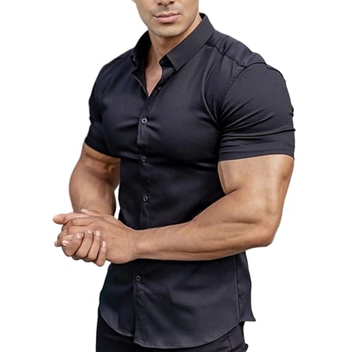 GerRit Herren Hemd Sommer Mode Super Slim Fit Kurzarm Hemden Männer Klassische Casual Kleid Shirt-schwarz-XL von GerRit