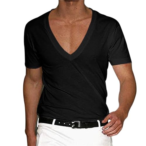 GerRit Herren T-Shirt Herren V-Ausschnitt Slim Solid Color Casual T-Shirt Kurzarm Herrenkleidung Für Männer-schwarz-3xl von GerRit