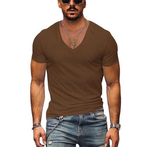 GerRit Herren T-Shirt Sommer Anti-Falten-atmungsaktives Festfarb-t-Shirt V-Ausschnitt Mit Kurzer Ärmeln T-Shirt Von Männern-Khaki-m von GerRit