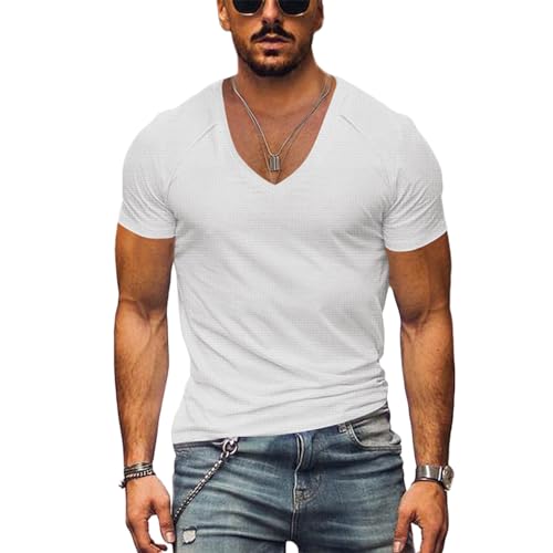 GerRit Herren T-Shirt Sommer Anti-Falten-atmungsaktives Festfarb-t-Shirt V-Ausschnitt Mit Kurzer Ärmeln T-Shirt Von Männern-weiß-XL von GerRit