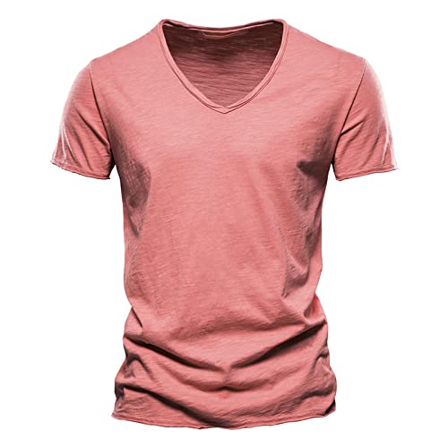 Gerfrwet T-Shirt Kurzarm Qualität 100% Baumwolle Herren T-Shirt V-Ausschnitt Modedesign Slim Fit Soild T-Shirts Herren Tops T-Shirts Kurzarm Für Herren Sizel65-72Kg F037-V-Red von Gerfrwet