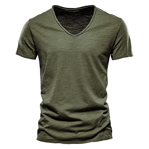 Gerfrwet T-Shirt Kurzarm Qualität 100% Baumwolle Herren T-Shirt V-Ausschnitt Modedesign Slim Fit Soild T-Shirts Herren Tops T-Shirts Kurzarm Für Herren Sizem55-65Kg F037-V-Armygreen von Gerfrwet