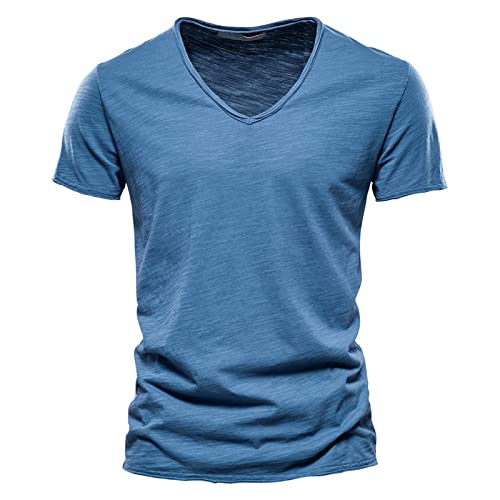 Gerfrwet T-Shirt Kurzarm Qualität 100% Baumwolle Herren T-Shirt V-Ausschnitt Modedesign Slim Fit Soild T-Shirts Herren Tops T-Shirts Kurzarm Für Herren Sizes50-55Kg F037-V-Jeansblue von Gerfrwet