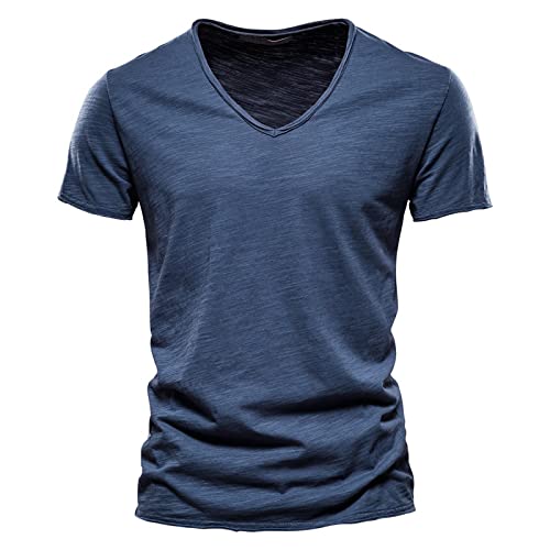Gerfrwet T-Shirt Kurzarm Qualität 100% Baumwolle Herren T-Shirt V-Ausschnitt Modedesign Slim Fit Soild T-Shirts Herren Tops T-Shirts Kurzarm Für Herren Sizes50-55Kg F037-V-Navy von Gerfrwet