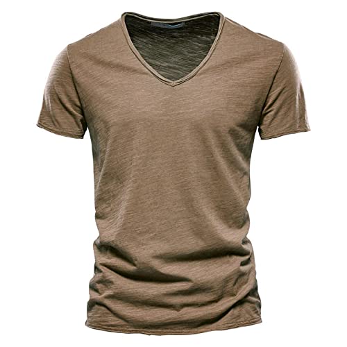 Gerfrwet T-Shirt Kurzarm Qualität 100% Baumwolle Herren T-Shirt V-Ausschnitt Modedesign Slim Fit Soild T-Shirts Herren Tops T-Shirts Kurzarm Für Herren Sizexxl80-88Kg F037-V-Camel von Gerfrwet