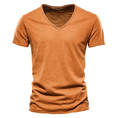 Gerfrwet T-Shirt Kurzarm Qualität 100% Baumwolle Herren T-Shirt V-Ausschnitt Modedesign Slim Fit Soild T-Shirts Herren Tops T-Shirts Kurzarm Für Herren Sizexxl80-88Kg F037-V-Kurkuma von Gerfrwet