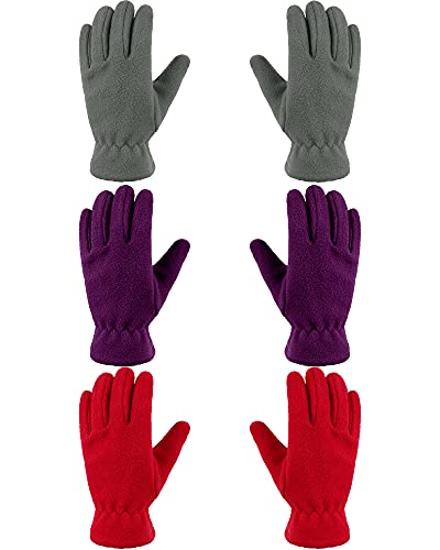 Geyoga 3 Paar Kinder Vlies Handschuhe Vollfinger Fäustlinge für Jungen Mädchen (Lila, Grau, Rot, S (4-7 Jahre)) von Geyoga