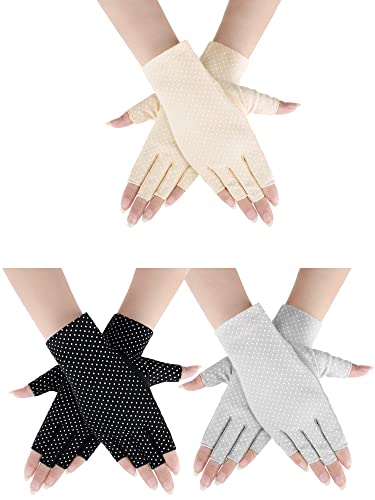 Geyoga 3 Paar Sonnenschutz Halbfinger Handschuhe für Damen rutschfeste UV Schutzhandschuhe Dünne Angelhandschuhe, 3 Farben von Geyoga