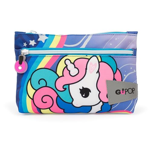 GIOCHI PREZIOSI Go Pop - Maxi-Beutel mit 2 Reißverschlüssen, Modell Unicorn, mit personalisiertem Reißverschluss und zwei geräumigen Taschen für Buntstifte und Marker, Maße 22 x 6 x 14 cm, mehrfarbig, von GO POP