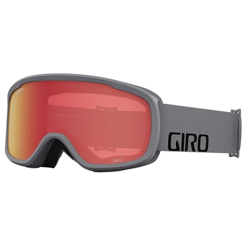Giro Cruz Asian Fit Skibrille – Snowboardbrille für Herren, Damen & Jugendliche – Anti-Beschlag – OTG – Grau Wordmark Strap mit bernsteinfarbenen scharlachroten Gläsern von Giro