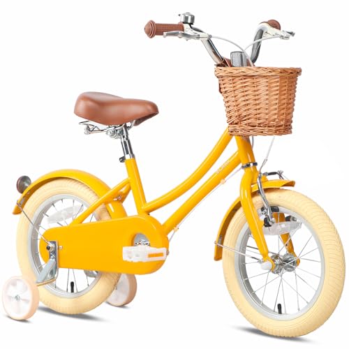 Glerc 12 Zoll Kinder Mädchen Fahrrad für 3 4 5 Jahre alt kleine Mädchen Retro Vintage-Stil Fahrräder mit Korb Training Räder und Glocke, Gelb von Glerc