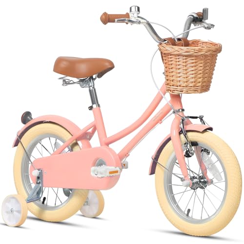 Glerc 12 Zoll Kinder Mädchen Fahrrad für 3 4 5 Jahre alt kleine Mädchen Retro Vintage-Stil Fahrräder mit Korb Training Räder und Glocke, Pfirsich von Glerc