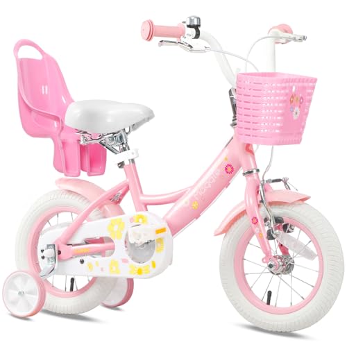 Glerc Maggie 12 Zoll Kinderfahrrad Alter 1 2 3 4 Jahre alt Mädchen Fahrrad Prinzessin Stil mit Puppen-Sitz & Korb & Stützräder & Glocke für Geburtstag, Rosa bis Weiß von Glerc