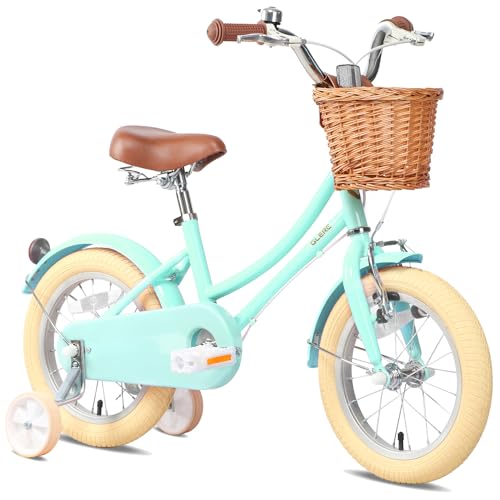 Glerc 14 Zoll Kinder Mädchen Fahrrad für 3 4 5 Jahre alt kleine Mädchen Retro Vintage-Stil Fahrräder mit Korb Training Räder und Glocke, Mintgrün von Glerc