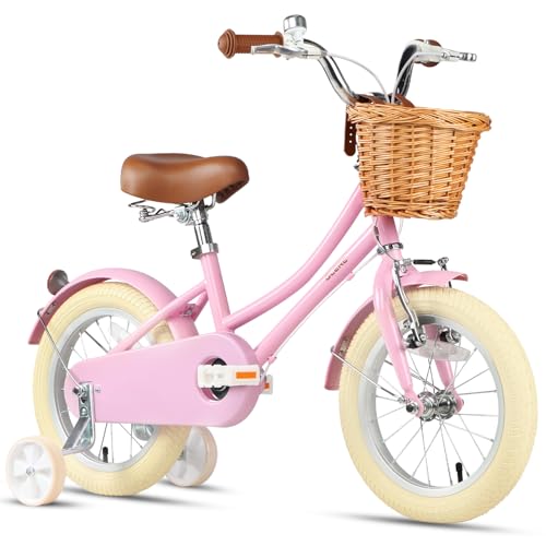 Glerc 14 Zoll Kinder Mädchen Fahrrad für 3 4 5 Jahre alt kleine Mädchen Retro Vintage-Stil Fahrräder mit Korb Training Räder und Glocke, Rosa von Glerc