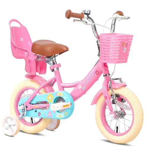 Glerc Maggie 14 Zoll Kinderfahrrad Alter 2 3 4 5 6 7 Jahre alt Mädchen Fahrrad Prinzessin Stil mit Puppen-Sitz & Korb & Stützräder & Glocke für Geburtstag, Rosa von Glerc