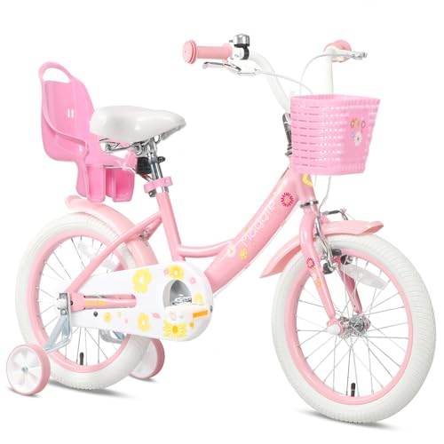 Glerc Maggie 16 Zoll Kinderfahrrad Alter 4 5 6 7 Jahre alt Mädchen Fahrrad Prinzessin Stil mit Puppen-Sitz & Korb & Stützräder & Glocke für Geburtstag, Rosa bis Weiß von Glerc