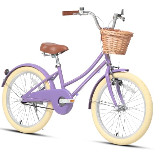 Glerc 20 Zoll Kinder Mädchen Fahrrad für 6 7 8 9 10 Jahre alt kleine Mädchen Retro Vintage-Stil Fahrräder mit Korb Training Räder und Glocke,lila von Glerc