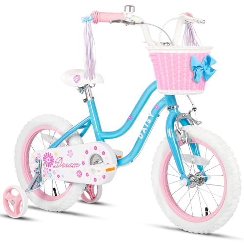 Glerc Daisy 14 Zoll Kinderfahrrad Alter 2 3 4 5 6 Jahre alte Mädchen Fahrrad mit Stützrädern & Korb & Luftschlangen，Blau von Glerc